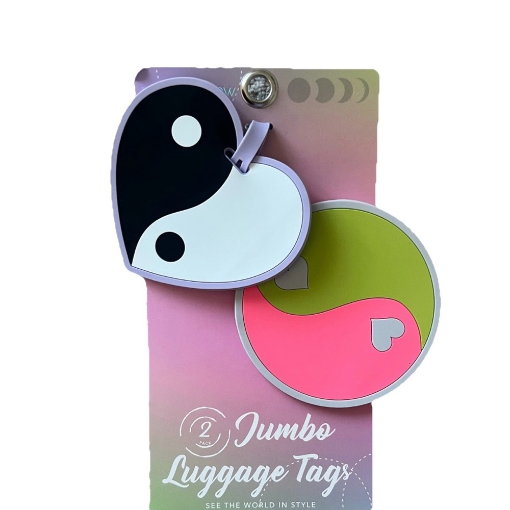 NWT Set of Jumbo Luggage Tags Heart Neon Ying and Yang Design New Luxe + Willow